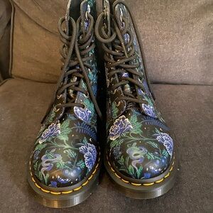 Floral Lace-Up Boots - Black and Blue